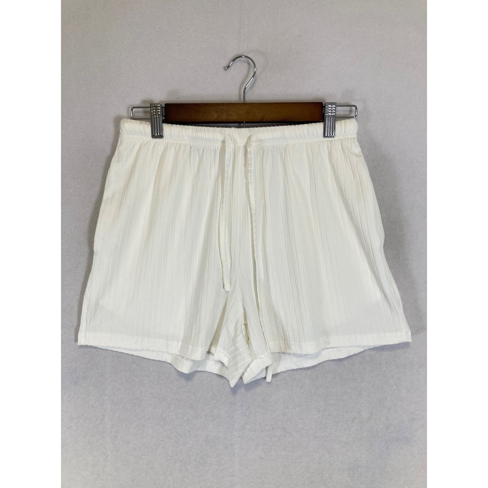 Coquette Ekouaer Women S White Ribbed Plissé Drawstring Lounge Shorts